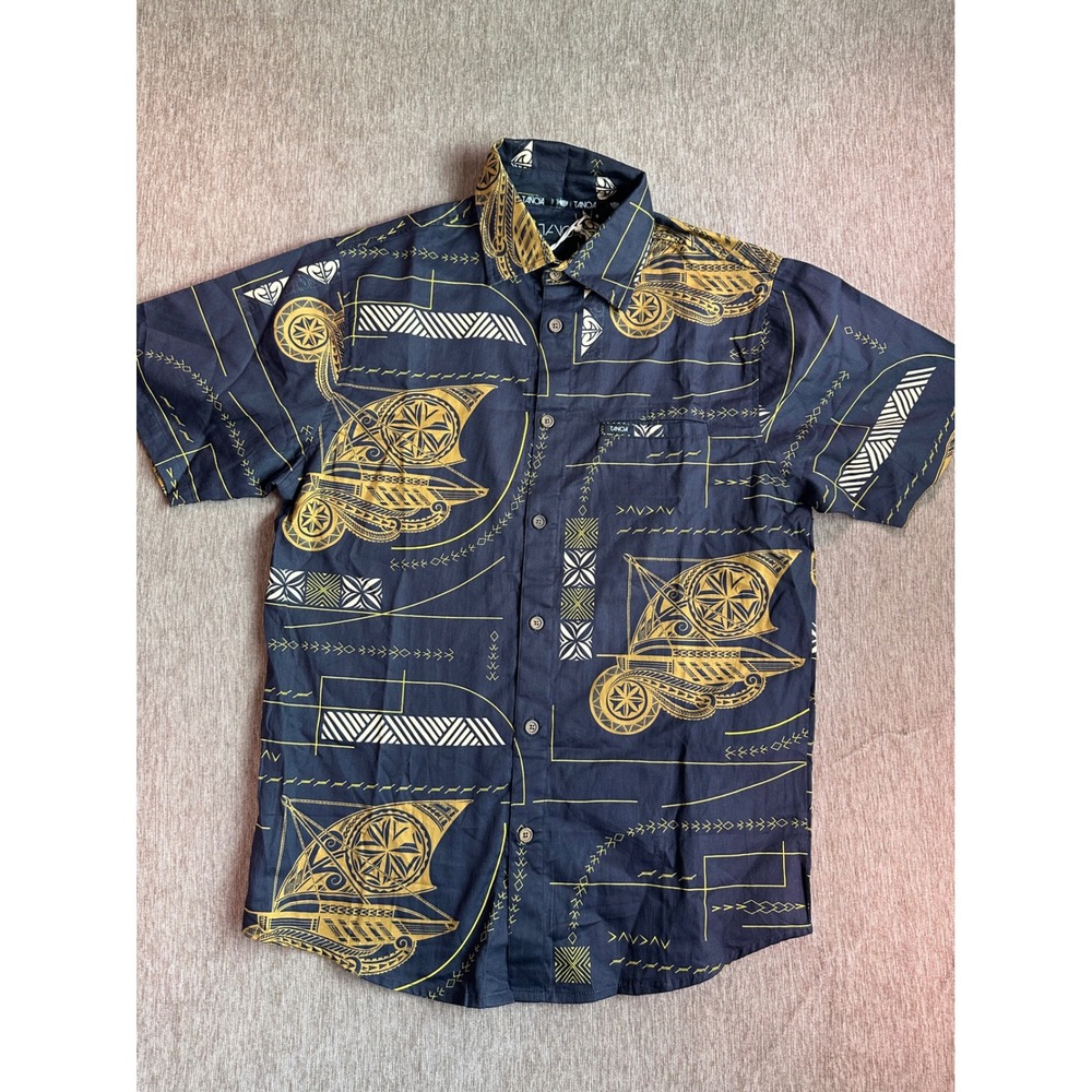 Tanoa Mens Black Gold Cotton Satin Vaa Polynesian Print Shirt MSS009 Small NWT